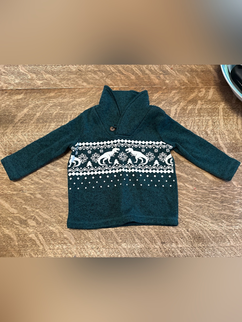 Cozy Green baby Sweater with dinosaur Fair Isle